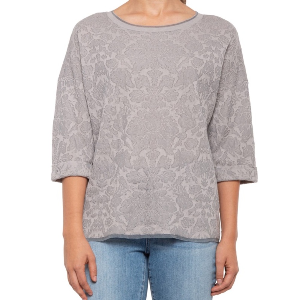 NIC+ZOE crewneck pullover top gray jacquard XS NWT feminine romantic